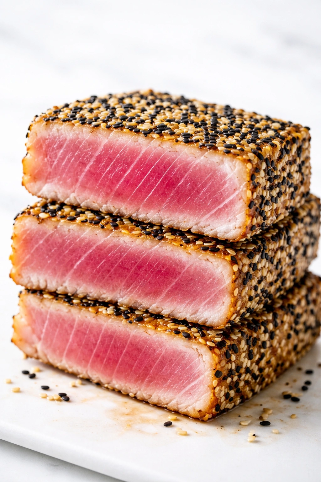 Cross-section of sesame-crusted ahi tuna showing rare center