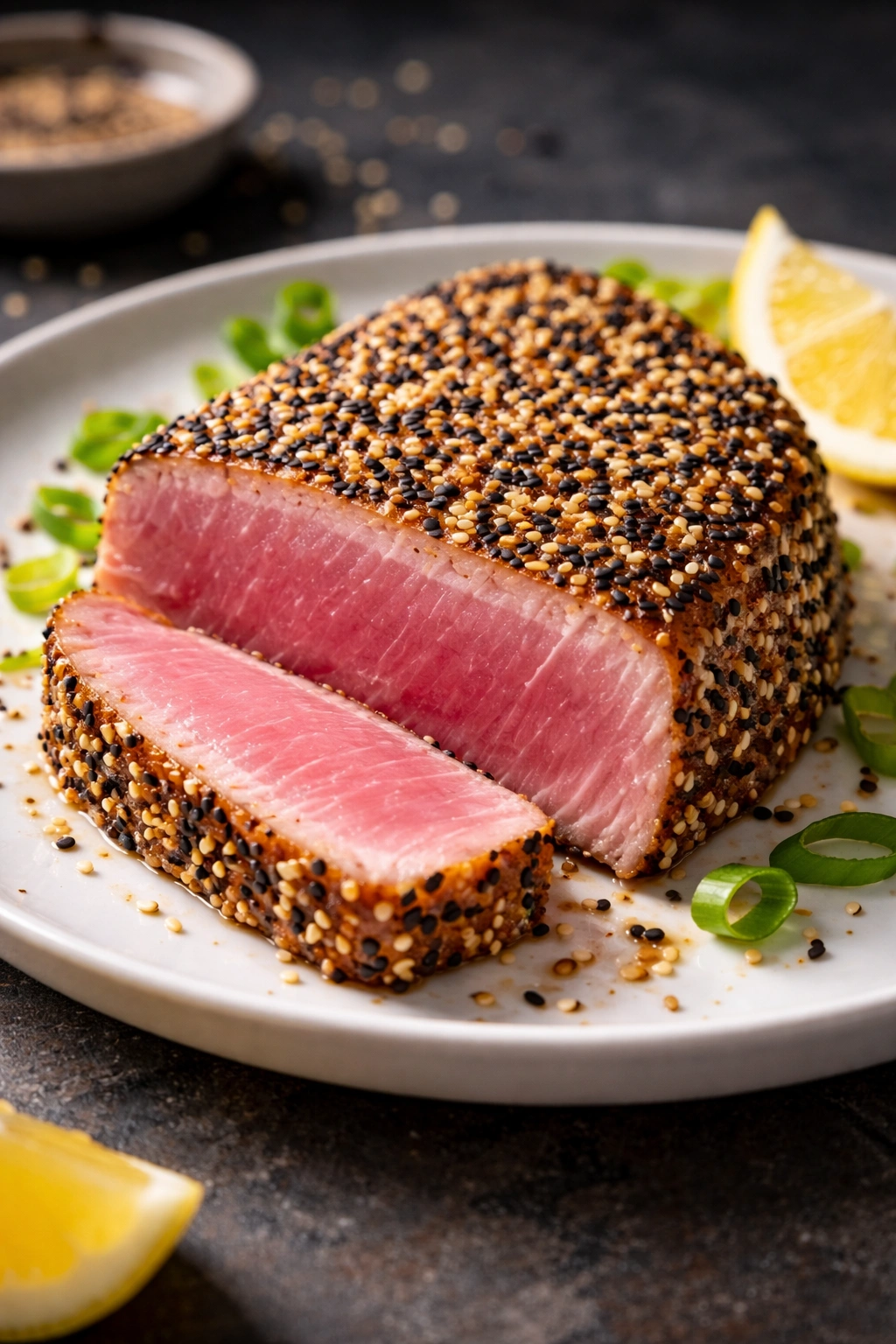 Close-up of ahi tuna with sesame crust showing a rare center
