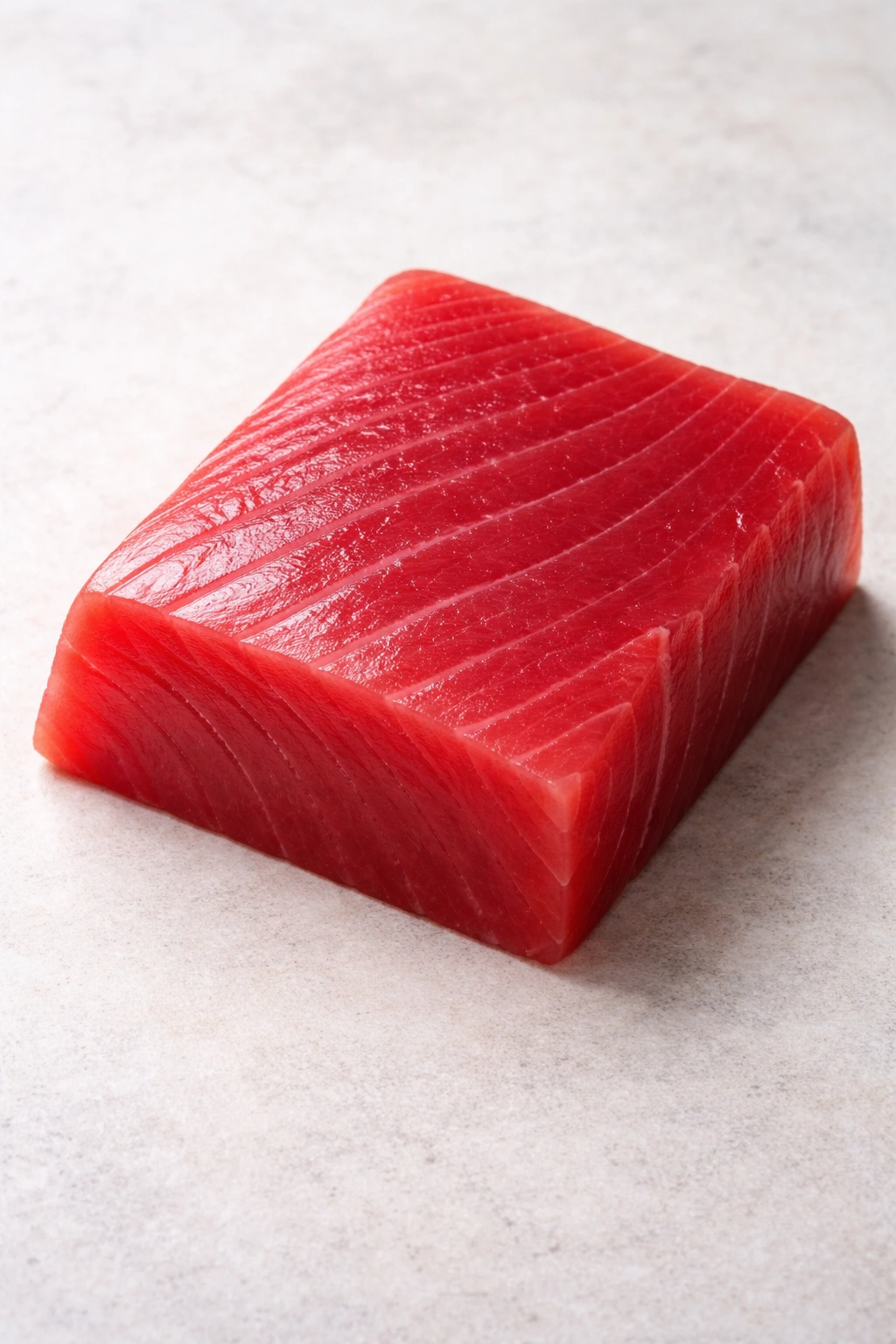 Raw sashimi-grade ahi tuna block with glossy red flesh