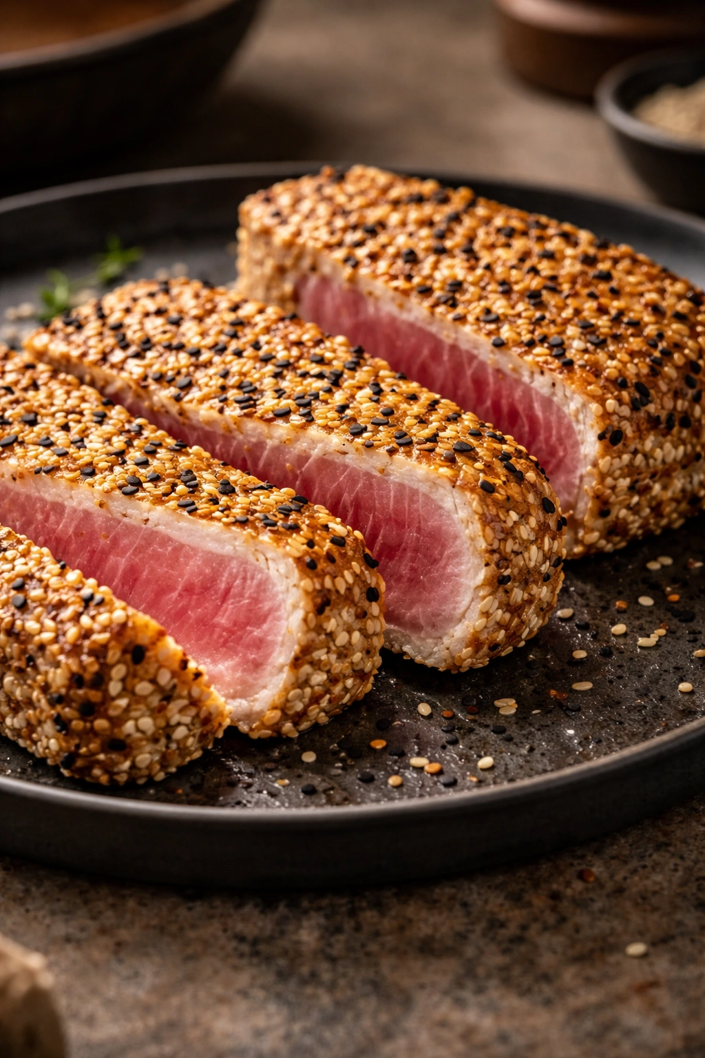 Close-up of ahi tuna with golden sesame crust highlighting crisp seeds