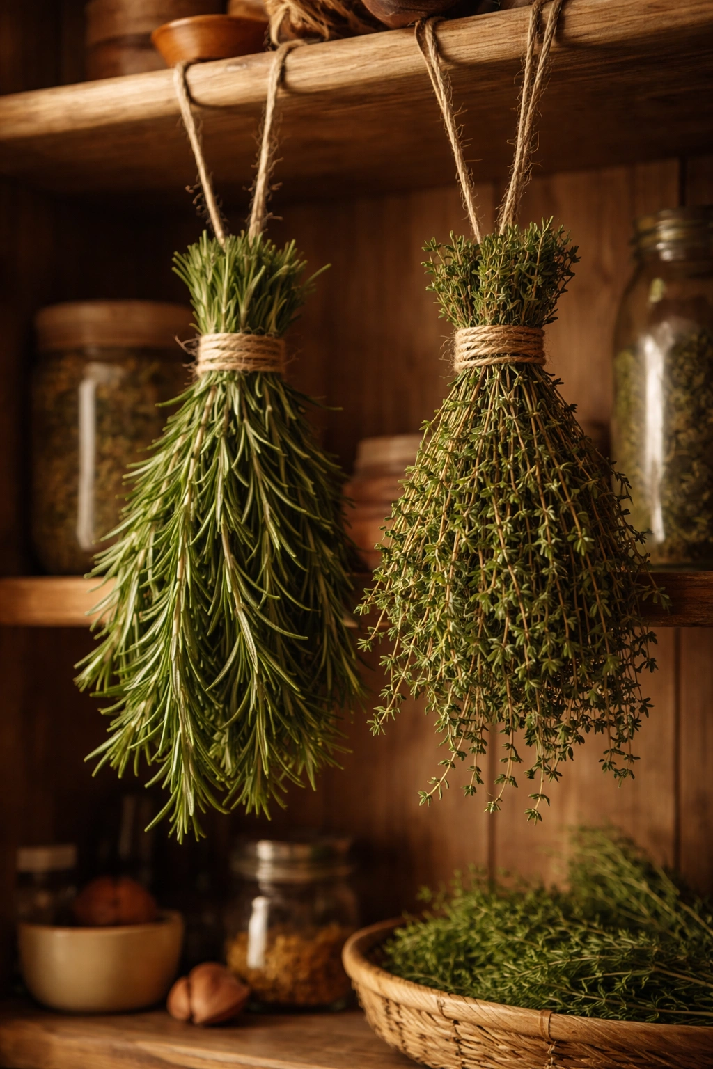 Herbs hanging to air dry in a warm dry pantry