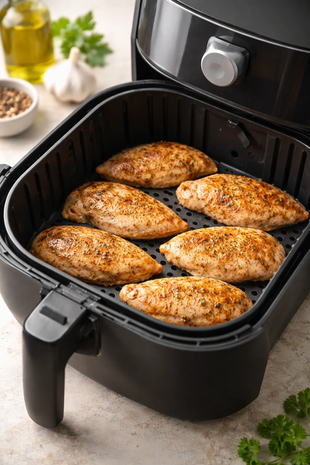Close-up of air fryer basket with chicken in a single layer.