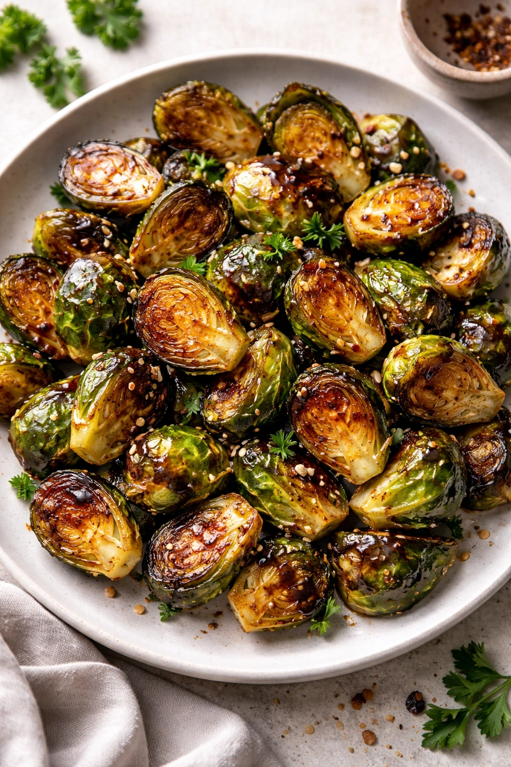 Brussels sprouts glazed with balsamic on plate