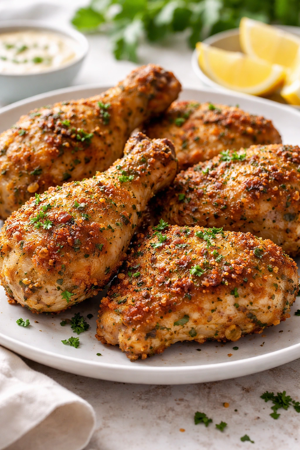 Crispy air fryer chicken with herb coating on plate