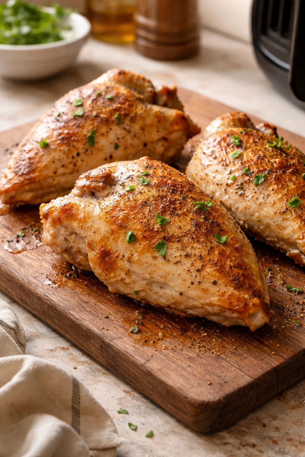 Close-up of bone-in chicken breasts with dry brine on wooden cutting board