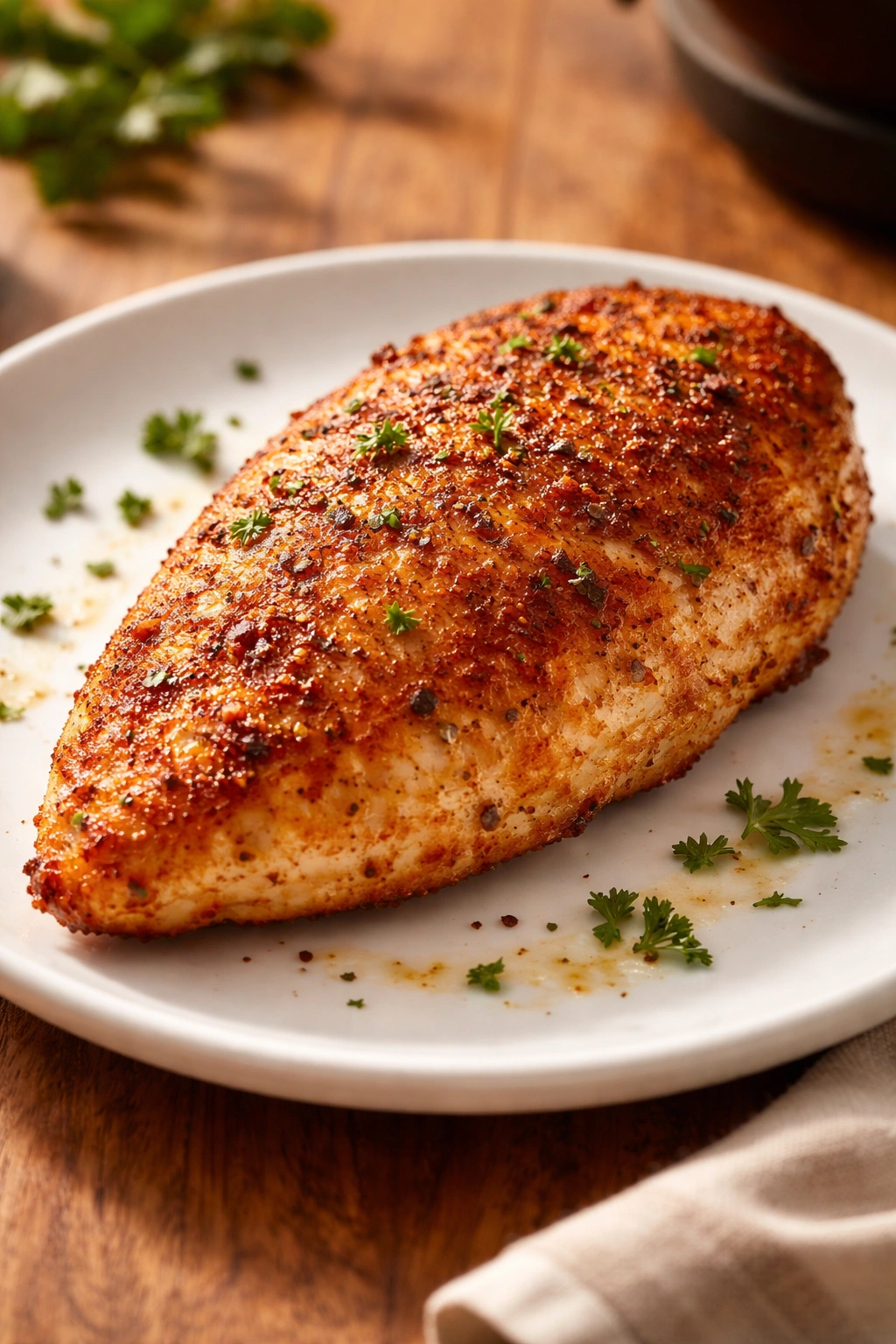 Close-up of a single crispy air fryer chicken breast on a plate