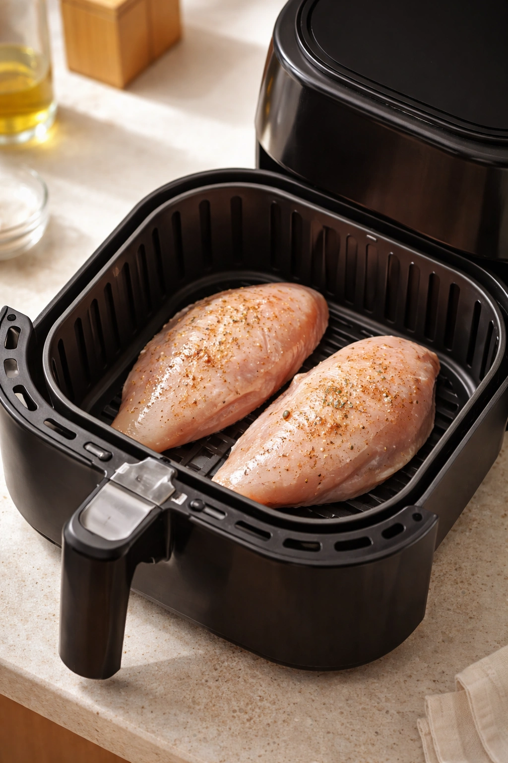 Raw chicken breast in air fryer basket on clean counter