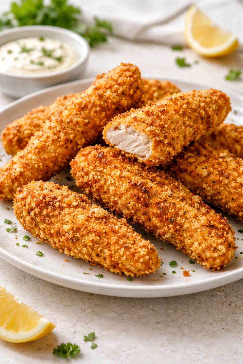 Close-up of crispy air-fryer chicken tenders on a plate