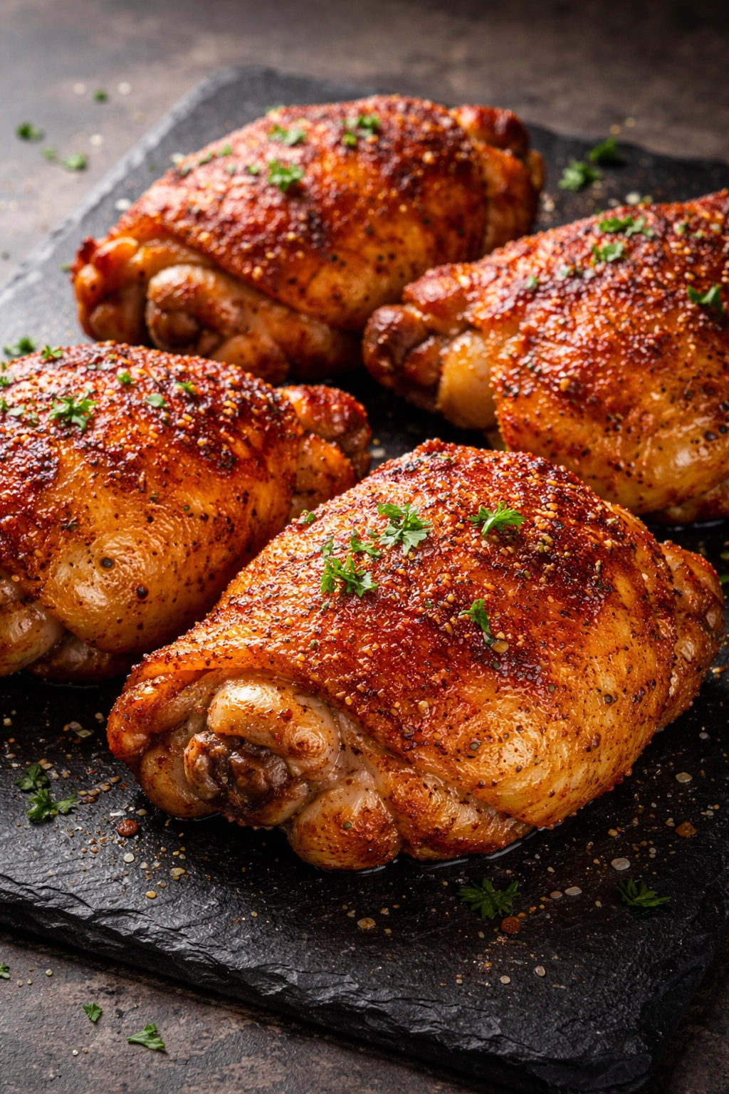 Bone-in chicken thighs with paprika and garlic powder on dark slate