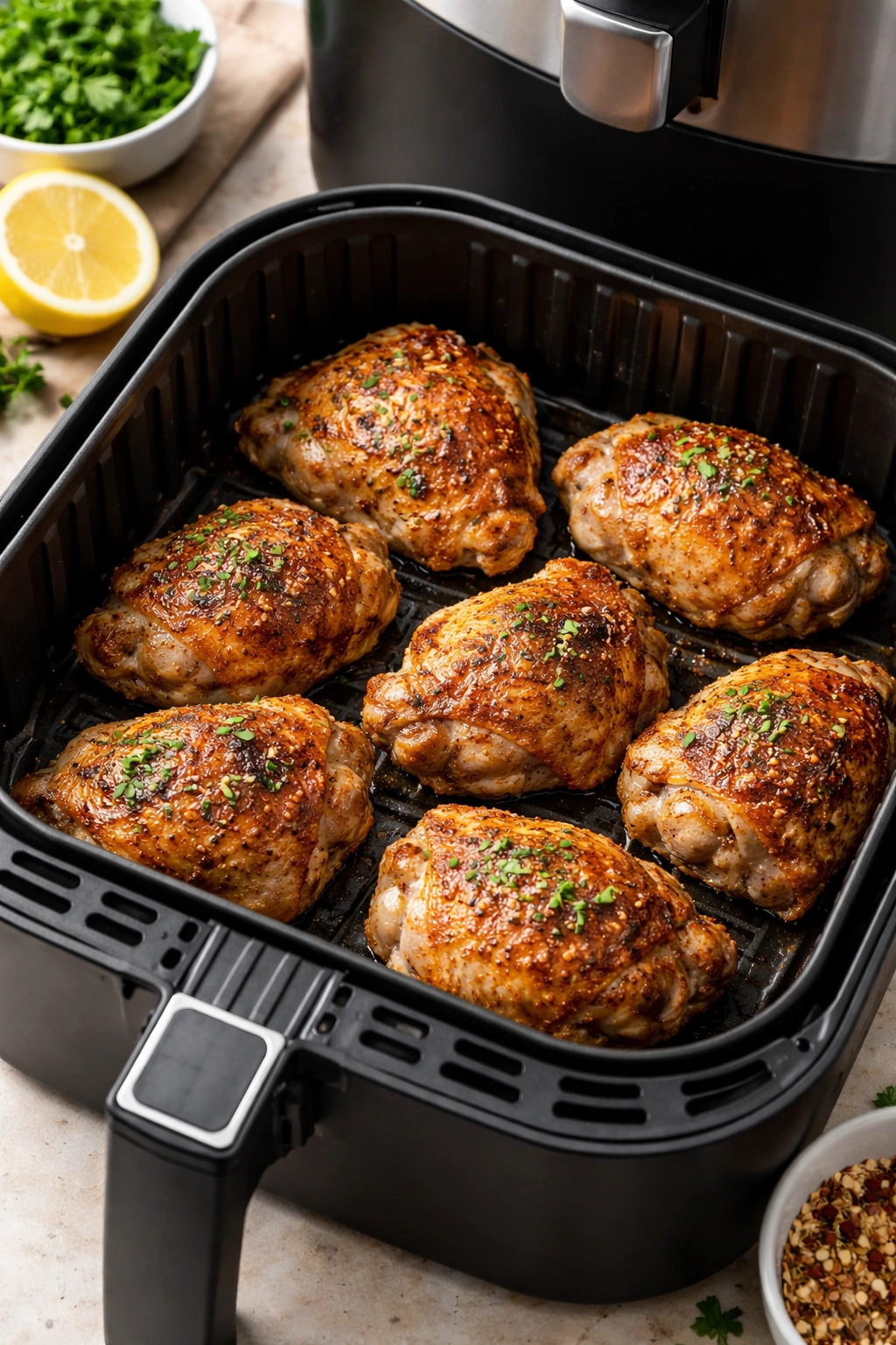 Crispy air fryer chicken thighs with quick seasoning.