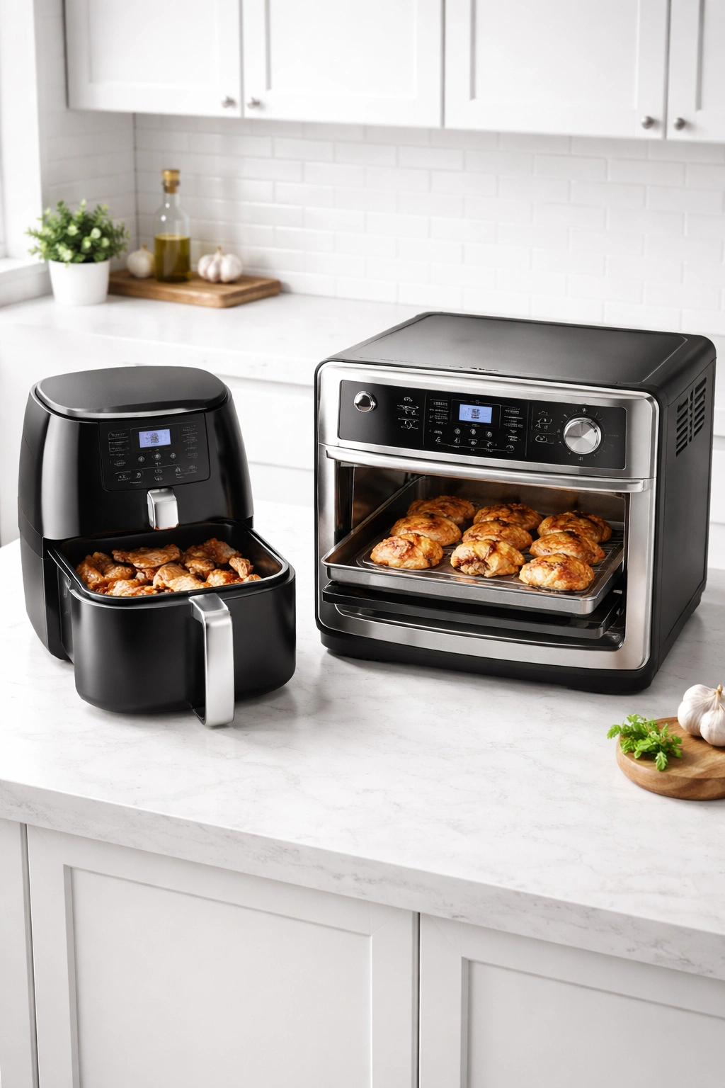Two air fryers on a clean kitchen counter showing different styles for choosing