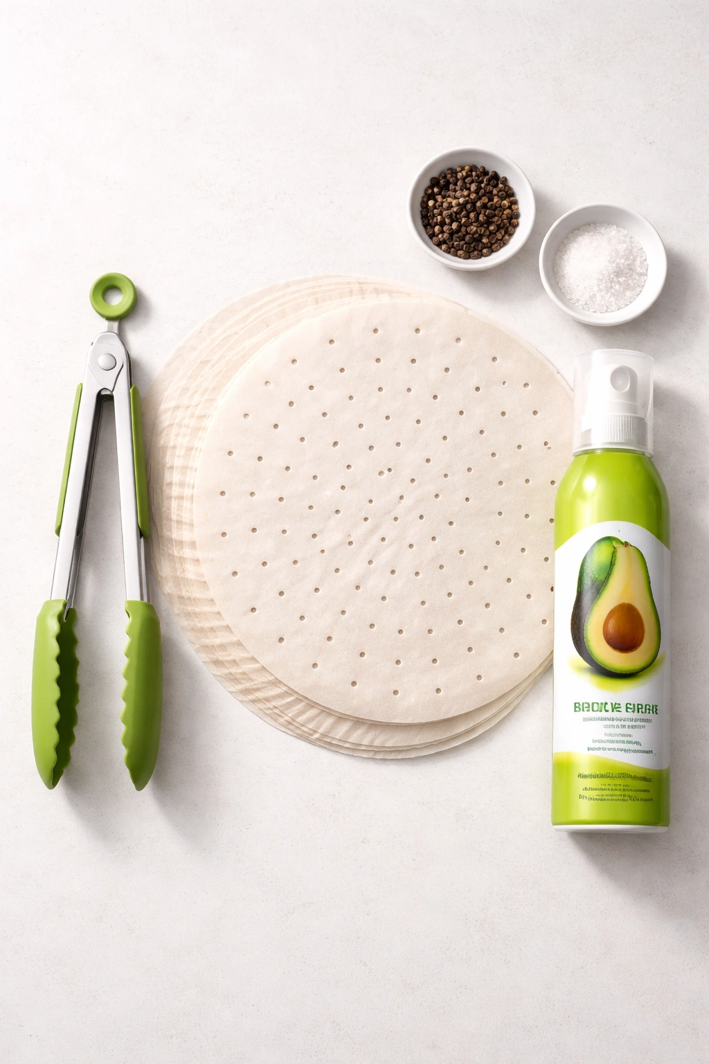 Silicone tongs, perforated parchment liners, and avocado oil spray on a clean surface