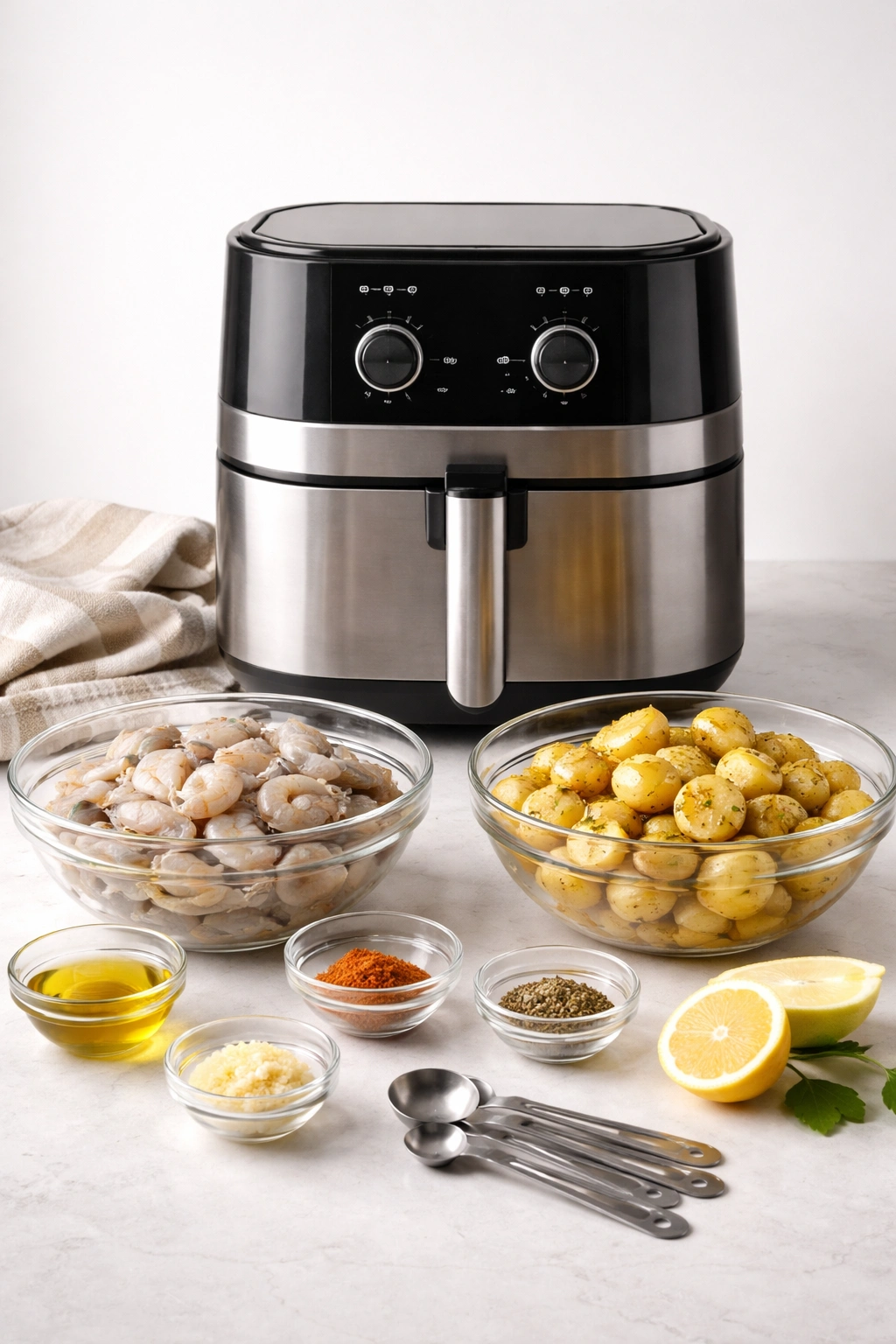 Air fryer on neutral background