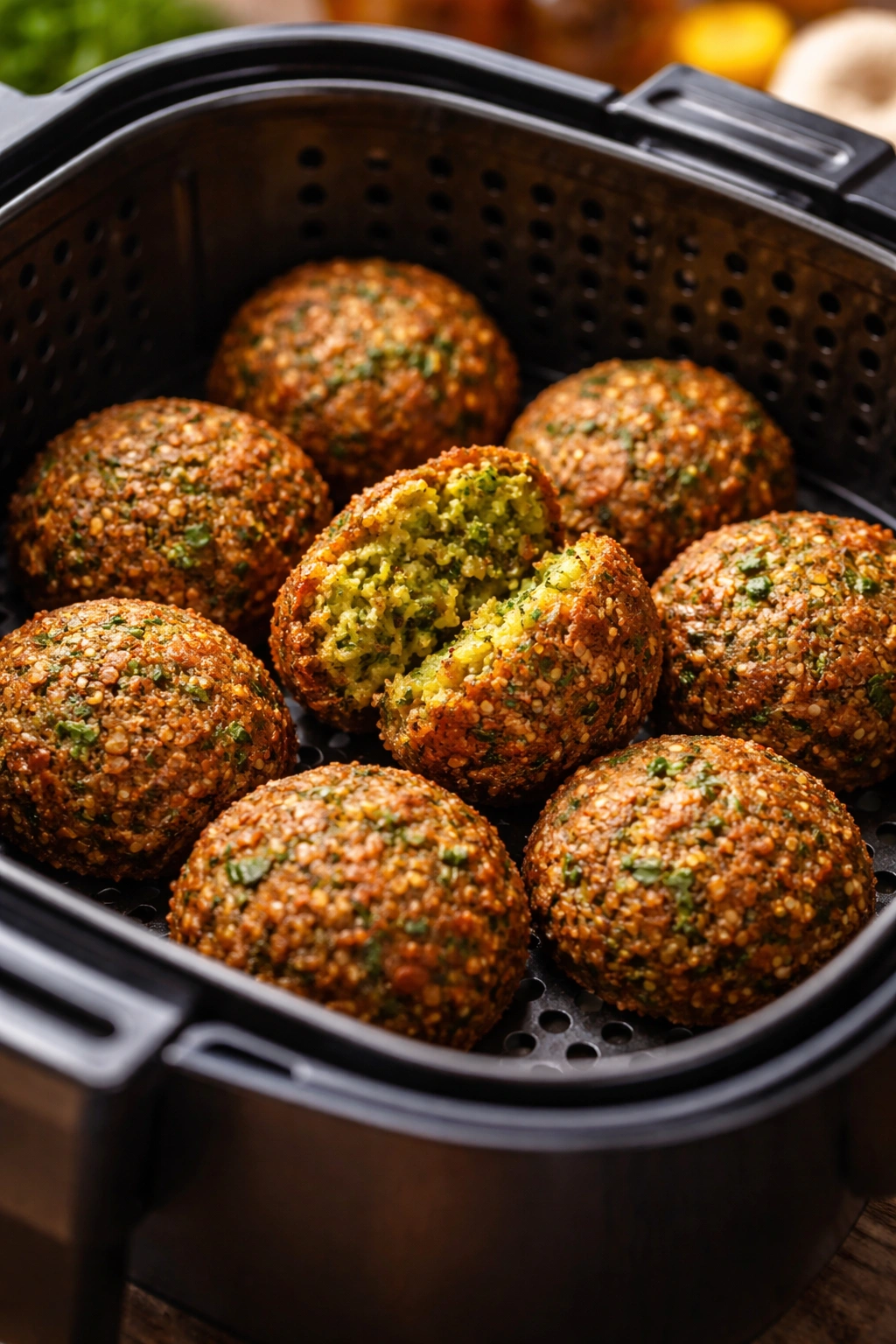 Golden air-fried falafel patties in a perforated basket