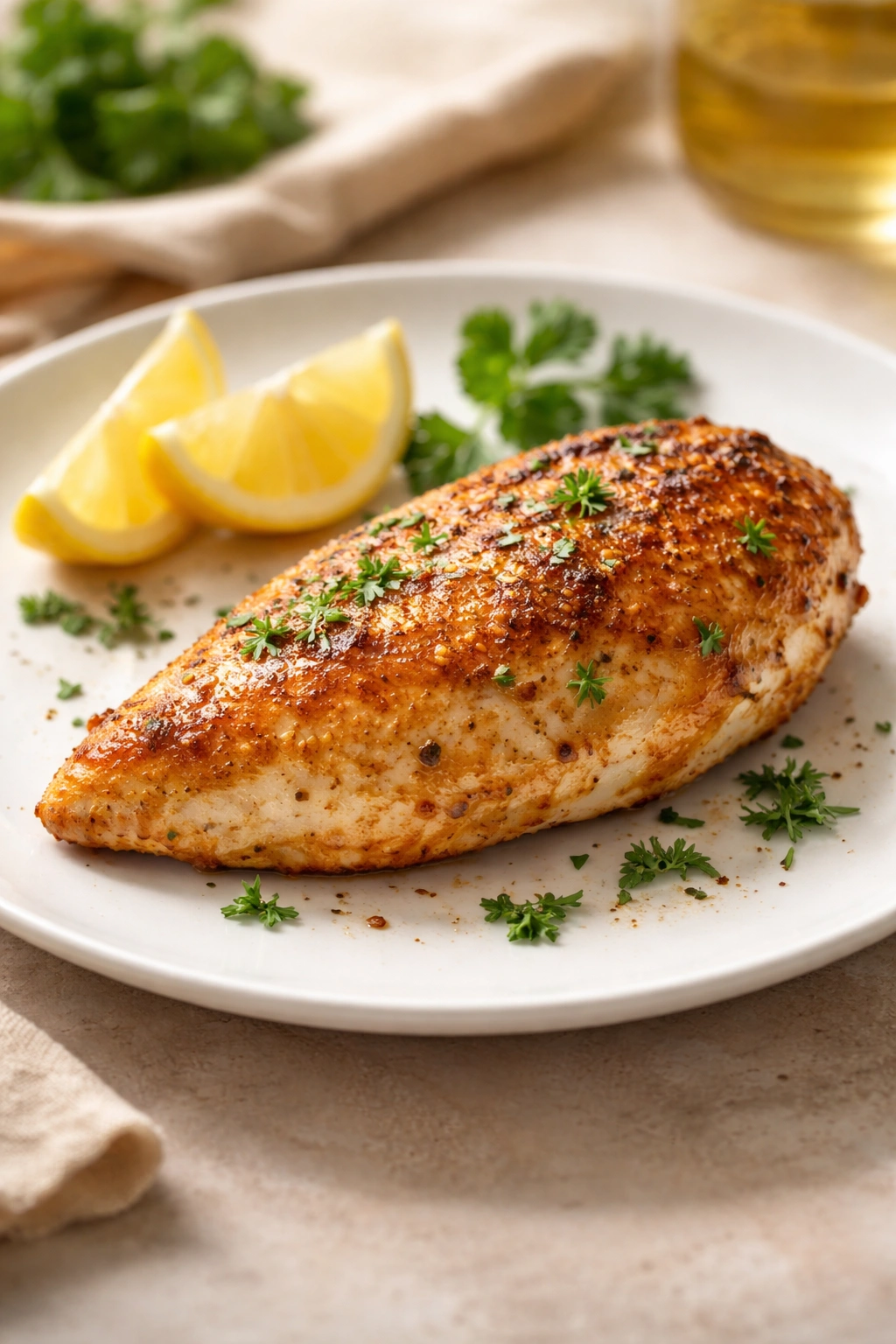 Plate of golden air fryer chicken with simple garnish
