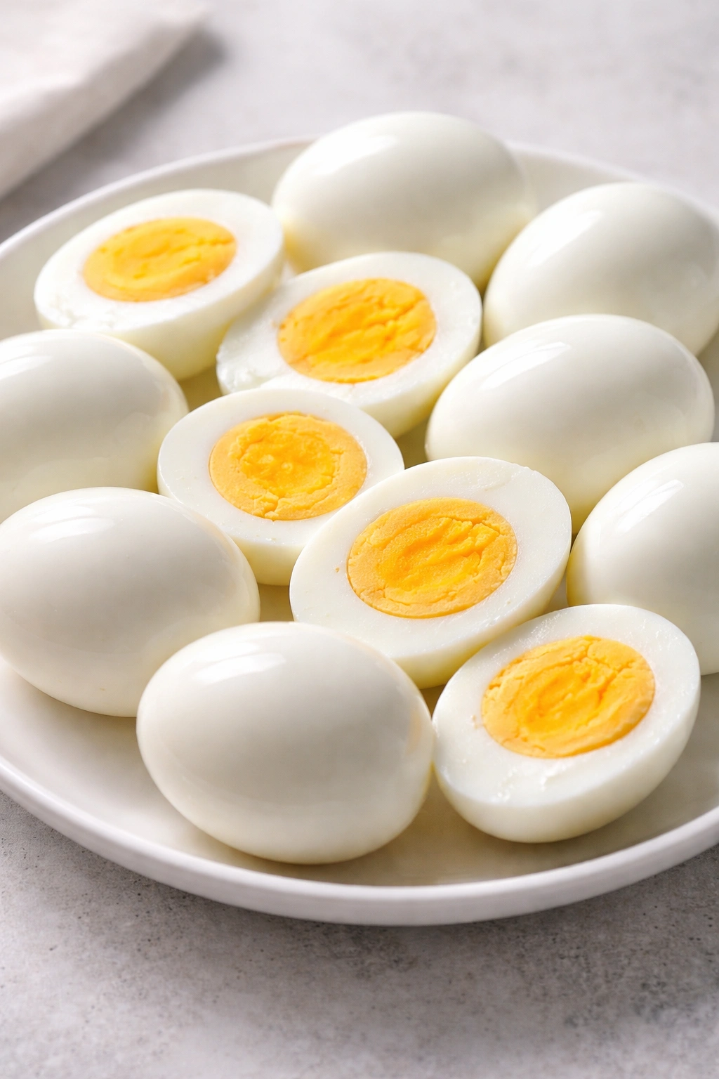 Close-up of peeled hard-boiled eggs on a plate