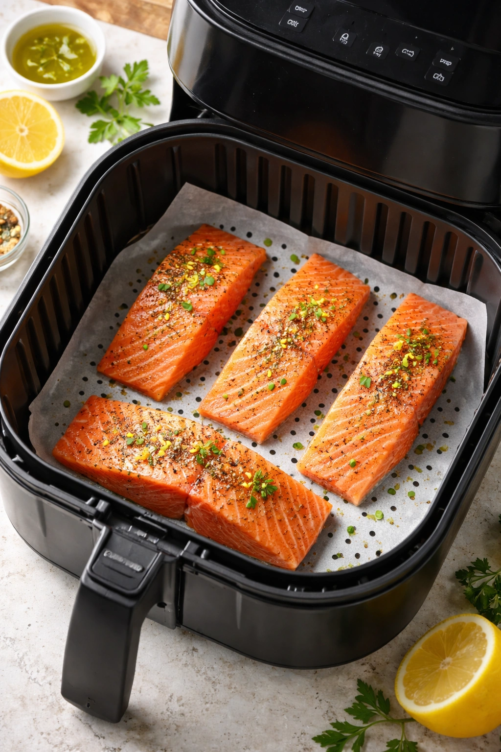 Air fryer interior with parchment-lined basket ready for salmon