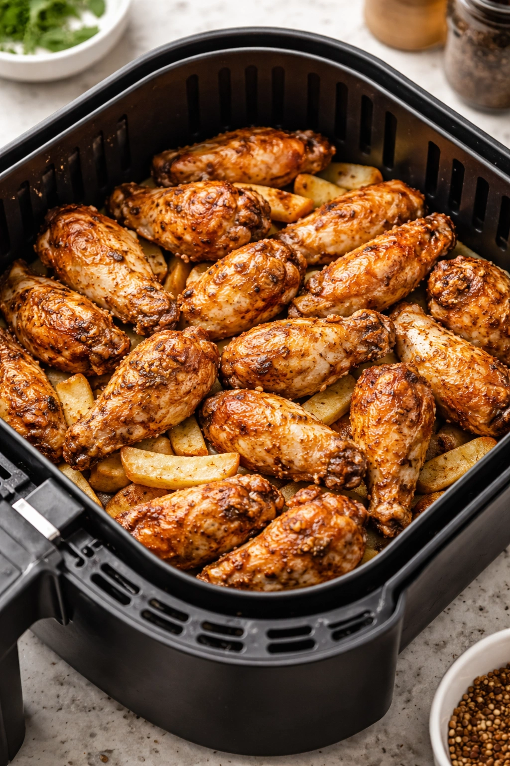 Air fryer basket with overcrowded food illustrating common beginner mistake