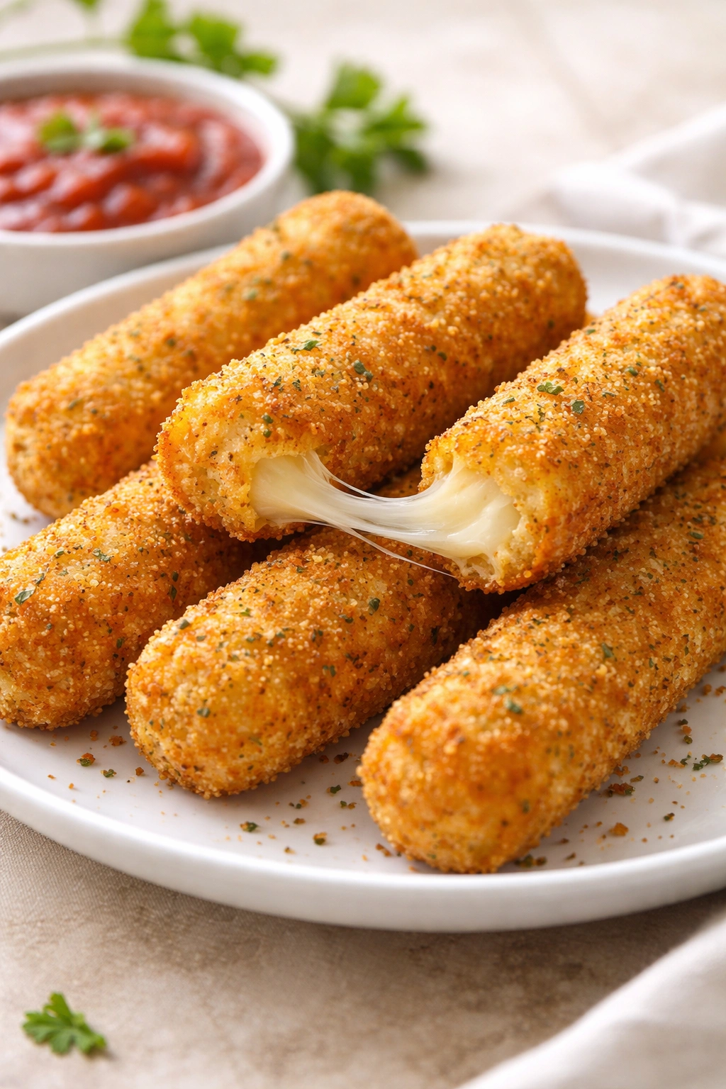 Close-up of golden mozzarella sticks on a plain plate