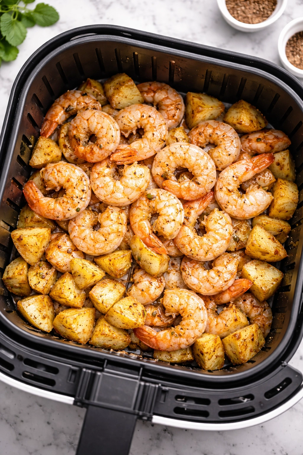 Overcrowded air fryer basket with shrimp and potatoes