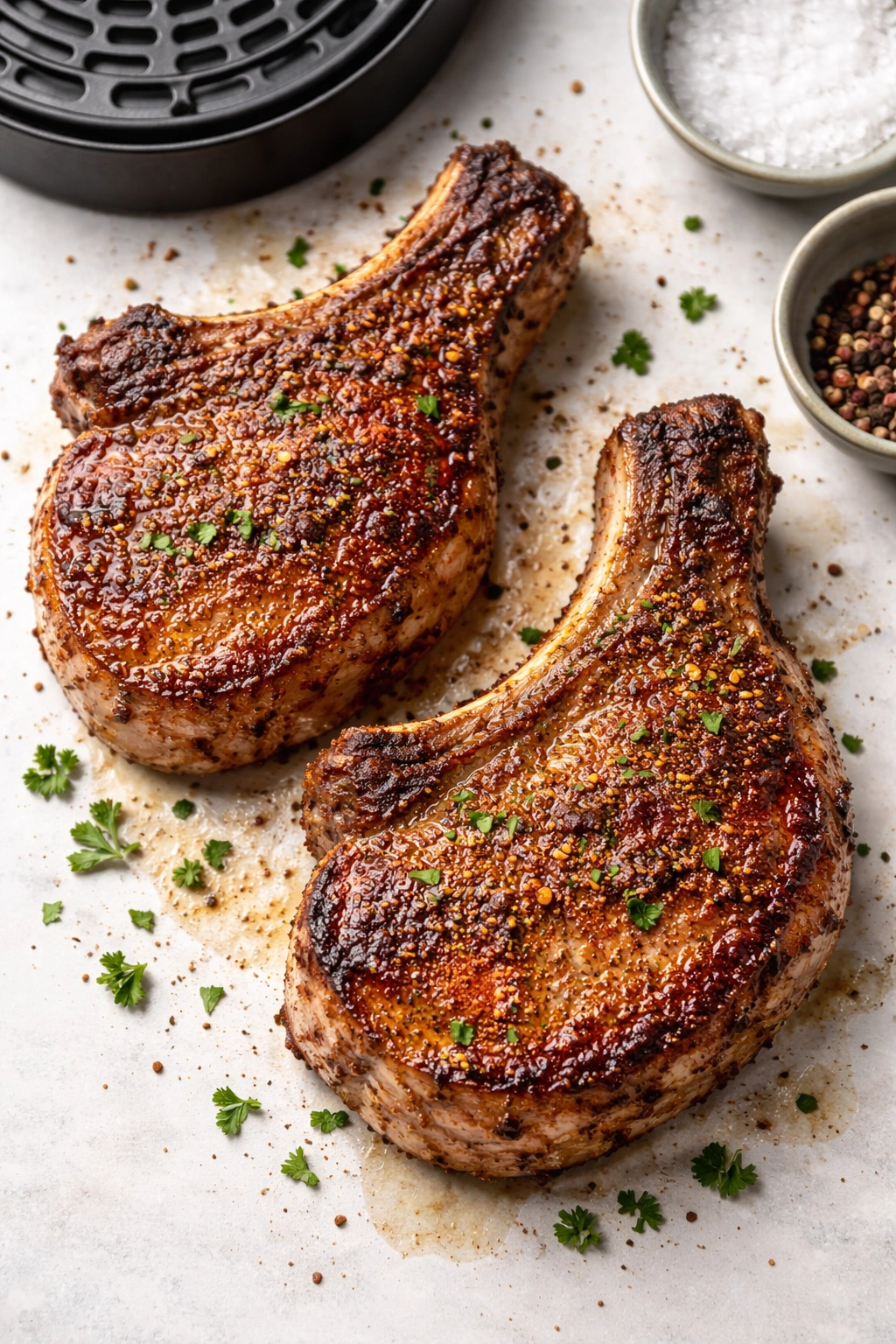 Bone-in pork chop with brown sugar rub and caramelized crust