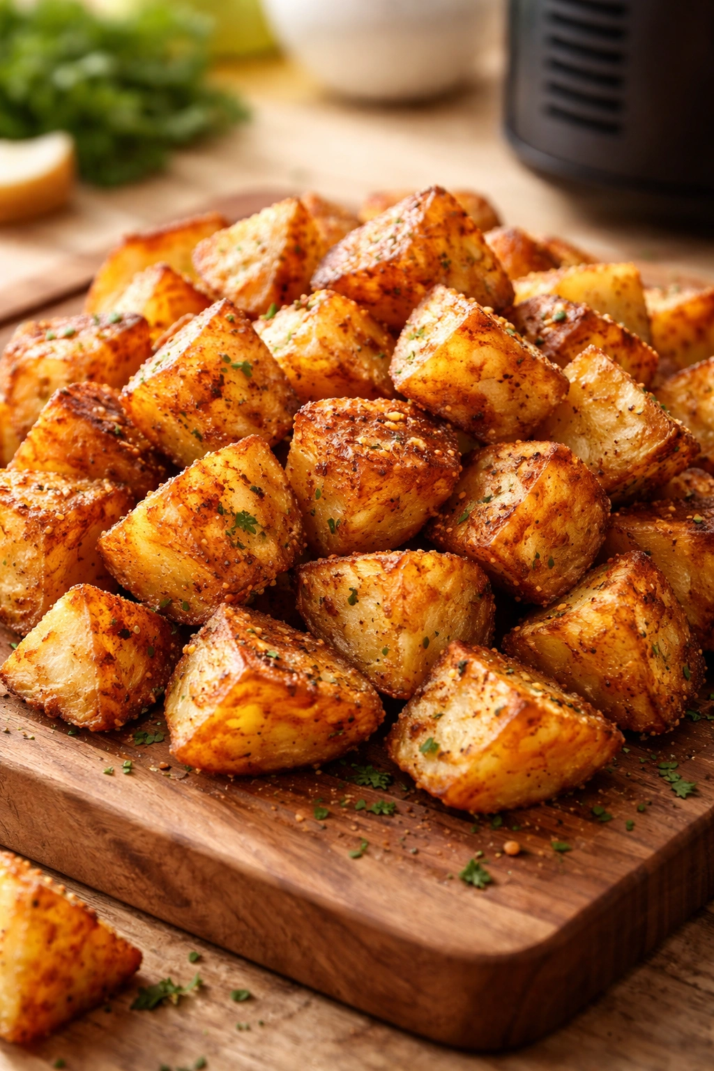 Close-up of crispy golden air fryer potatoes on wooden board
