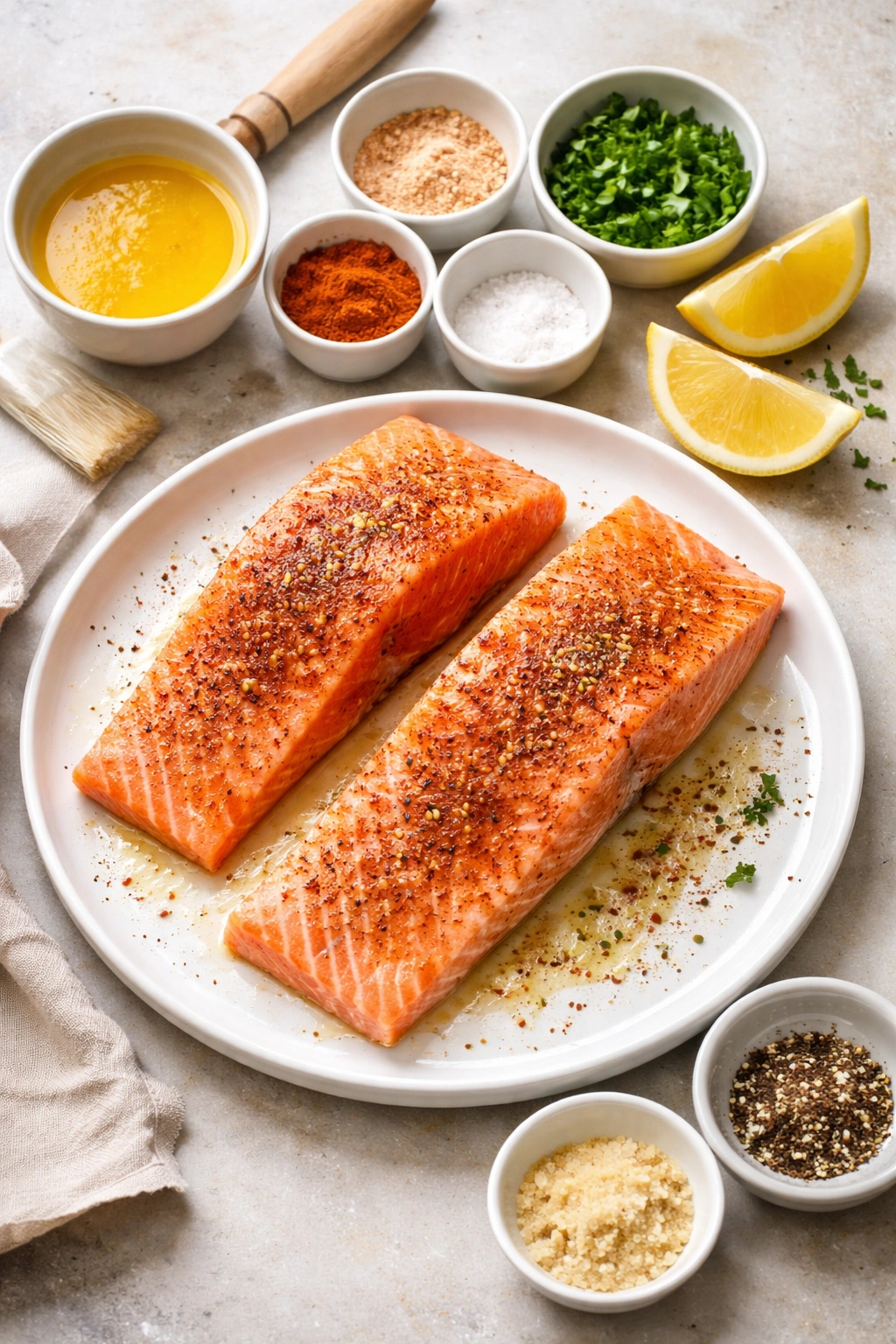 Salmon fillet with butter and spices ready to cook