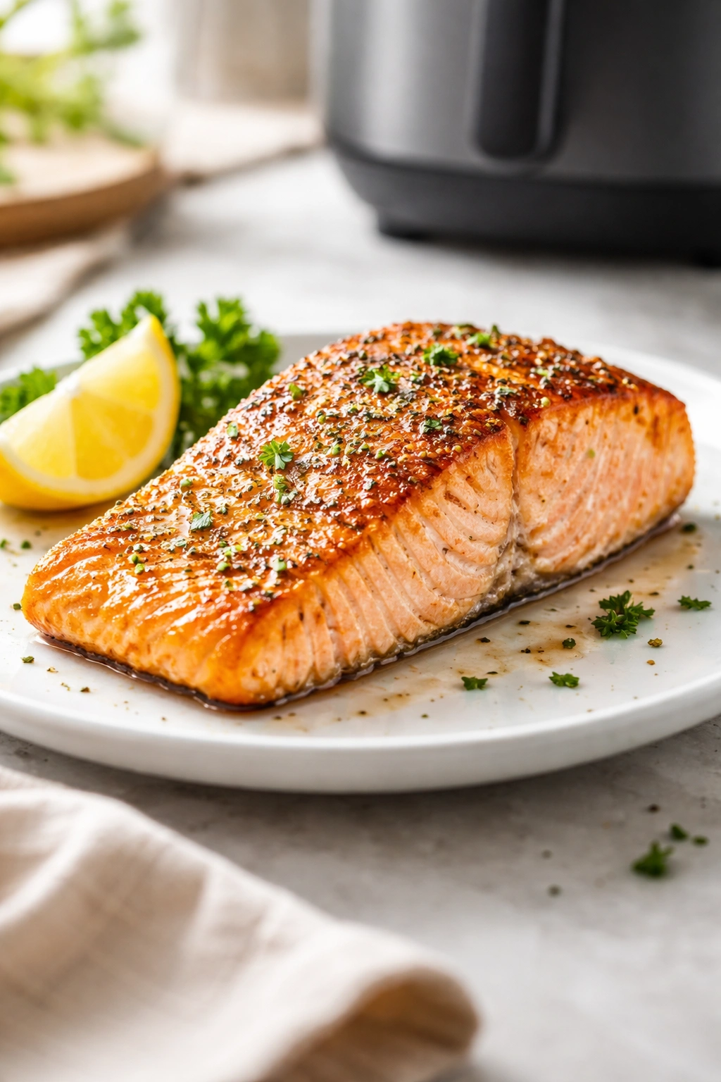 Close-up of air fryer salmon fillet with crispy crust on plate