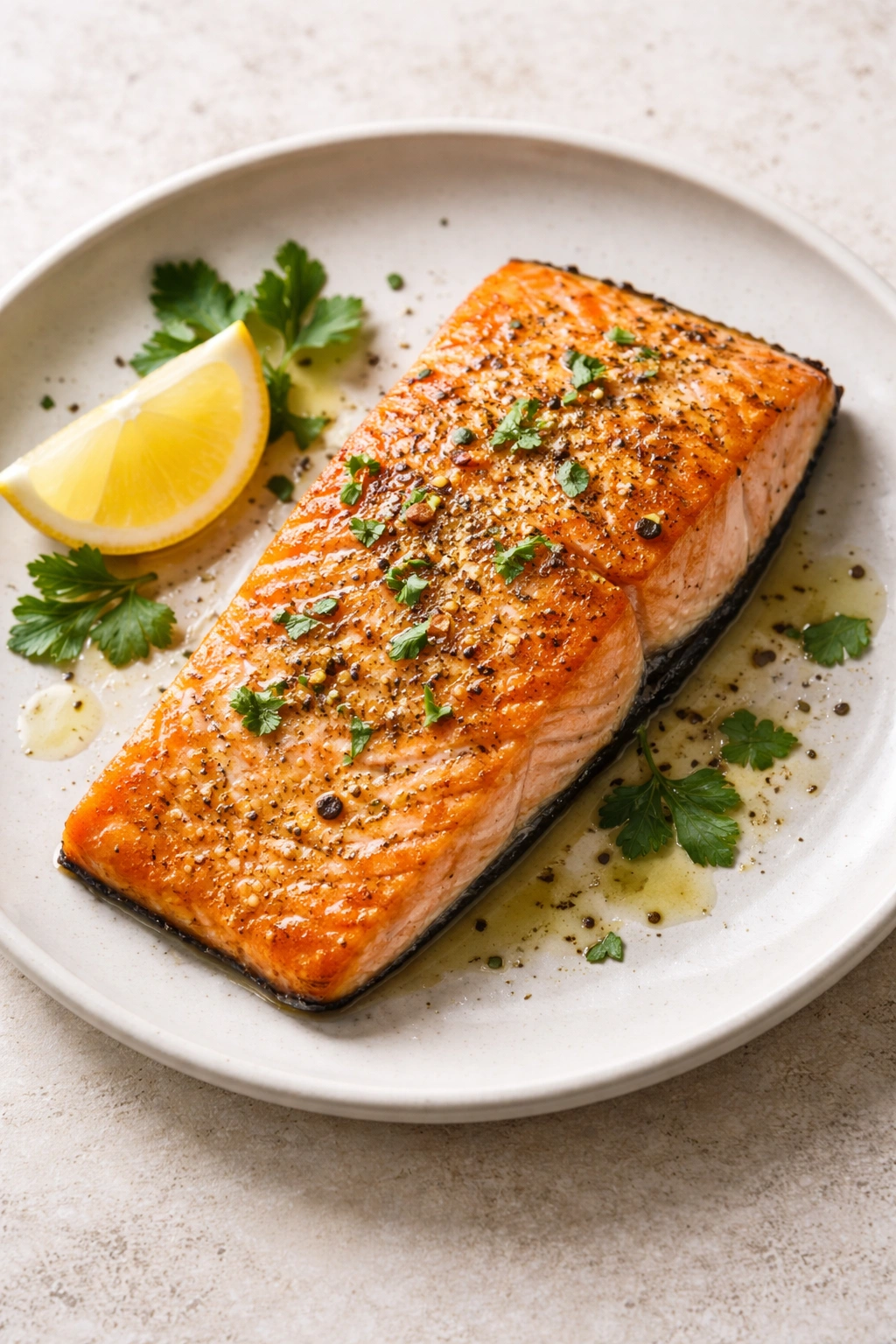 Salmon fillet skin-side down with seasoning on plate