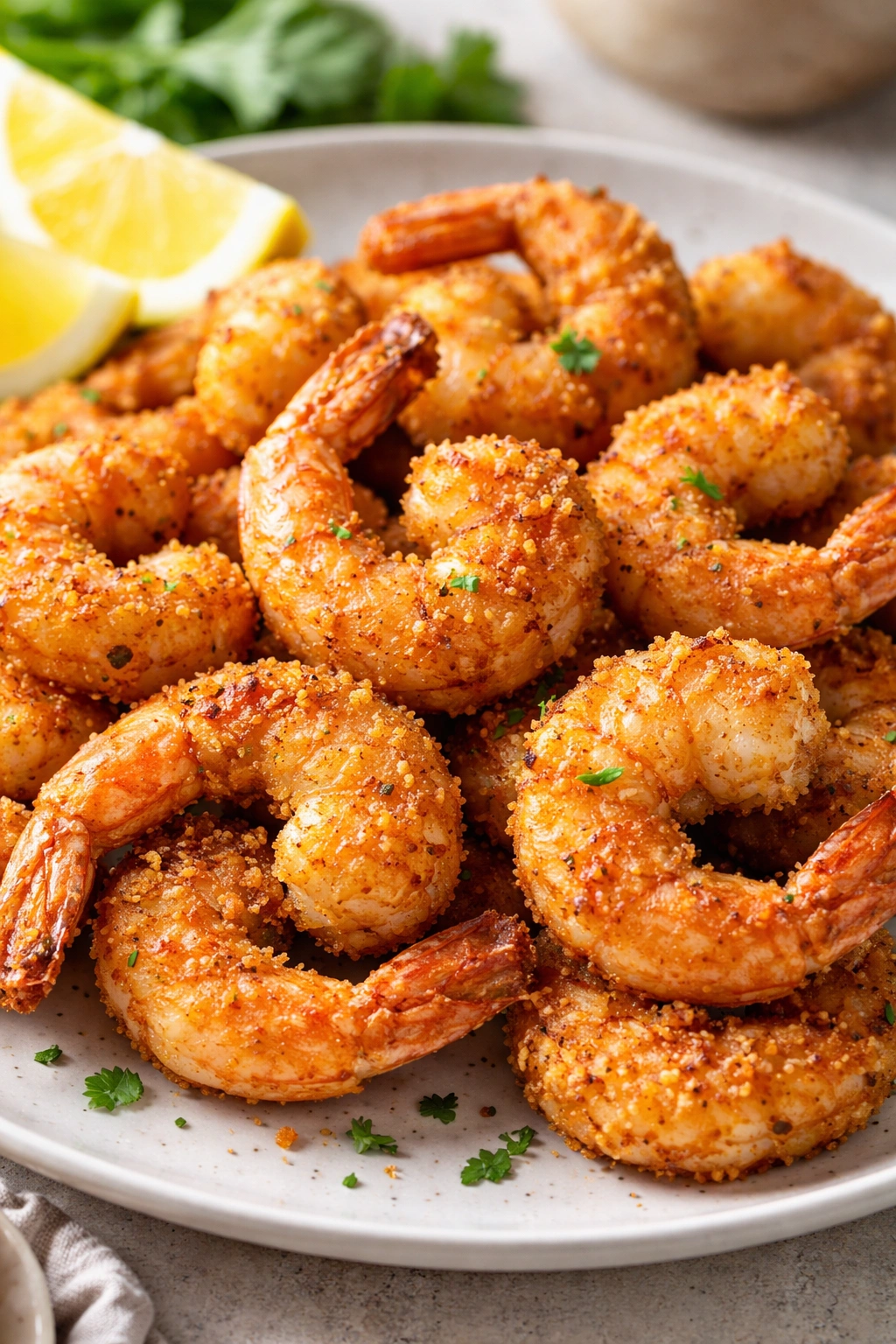 Close-up of crispy air-fried shrimp on plate