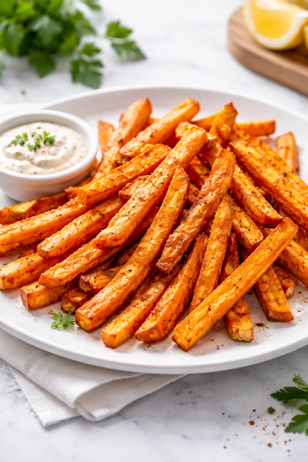 Close-up of crisp air-fryer sweet potato fries on a white plate with light sheen