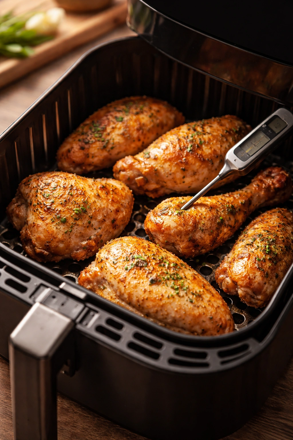 Air fryer basket with chicken under warm lighting.