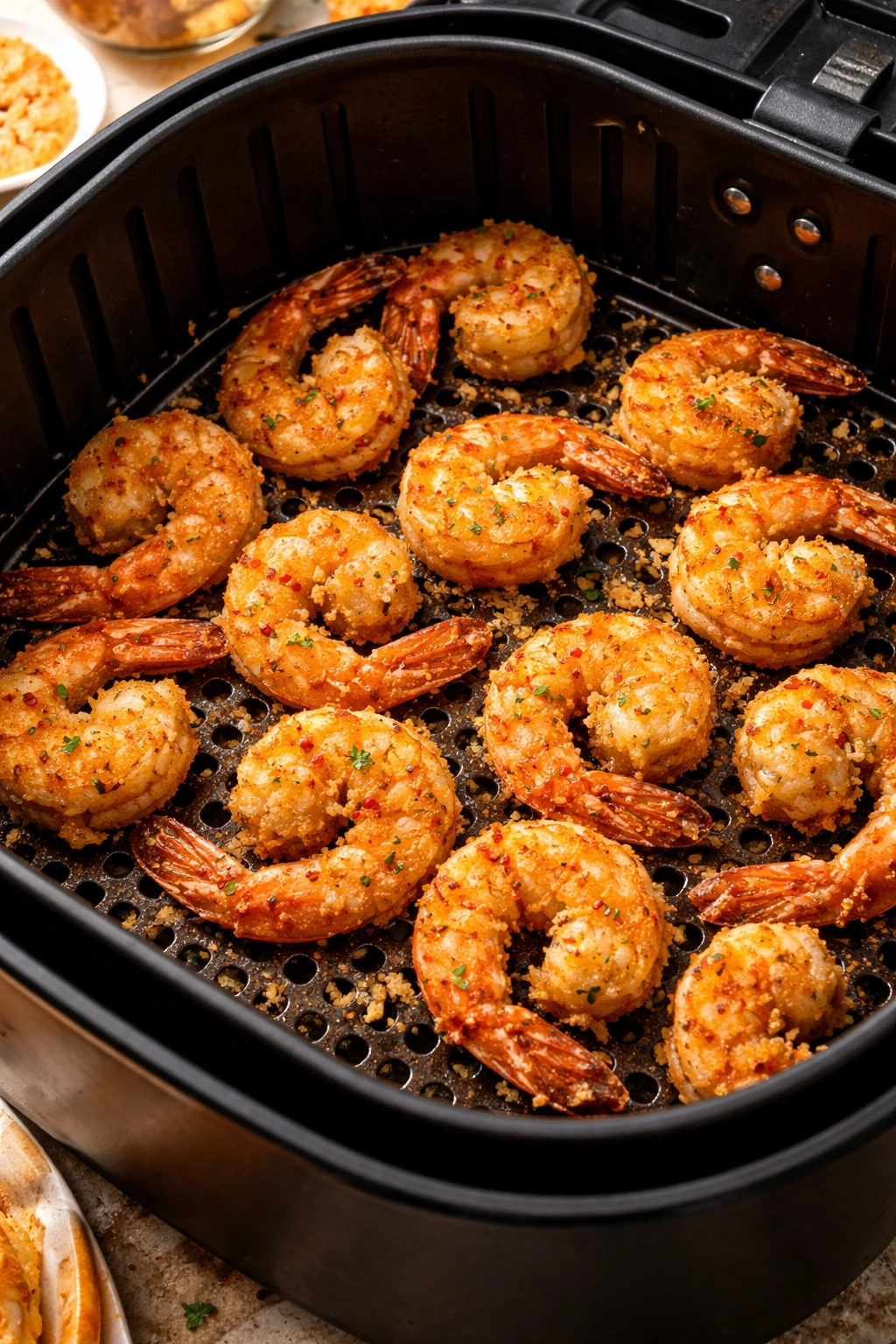Shrimp in air fryer basket with even browning