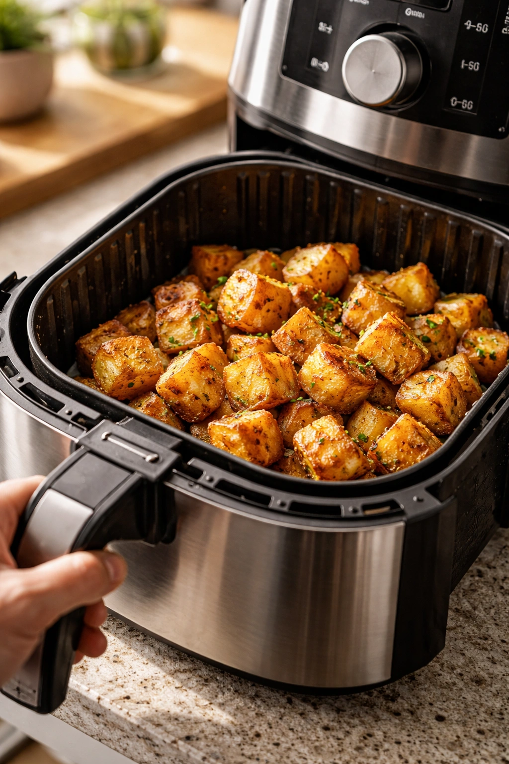Air fryer with basket out, showing golden potatoes ready for tips and tricks