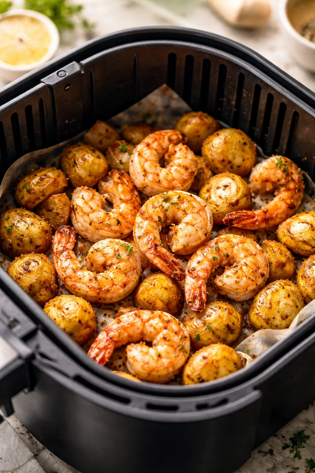 Golden-brown shrimp with potatoes in air fryer basket, evenly browned