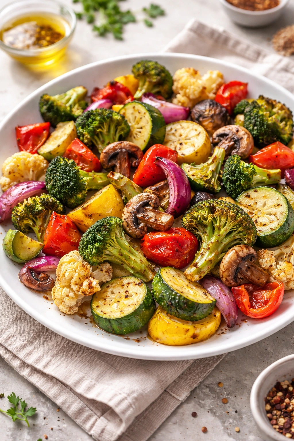 Close-up of crispy air fryer vegetables on a plate showing browning and oil sheen
