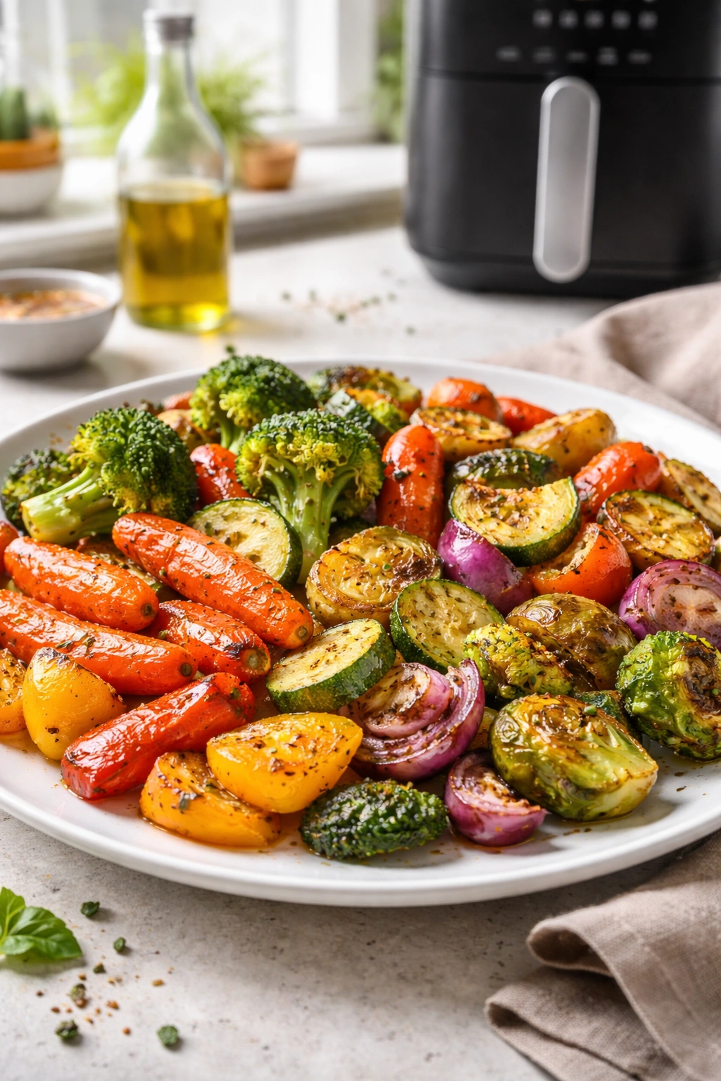 Crispy air-fried vegetables on plate, ideal for weeknight dinners