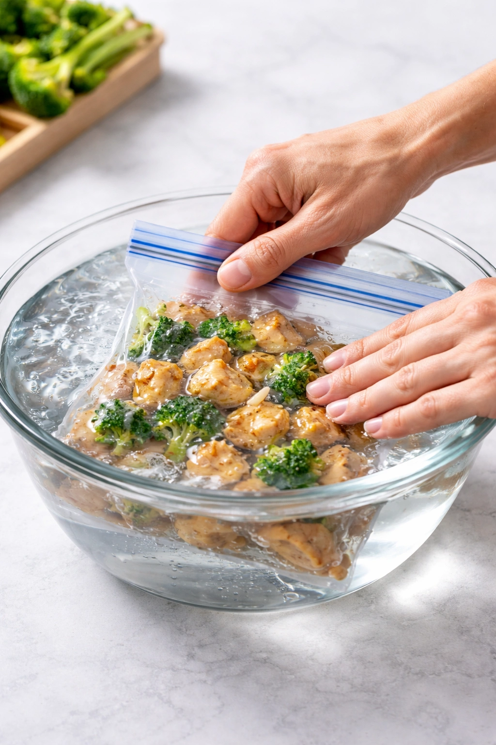 Bag of food being air-pressurized using water displacement method