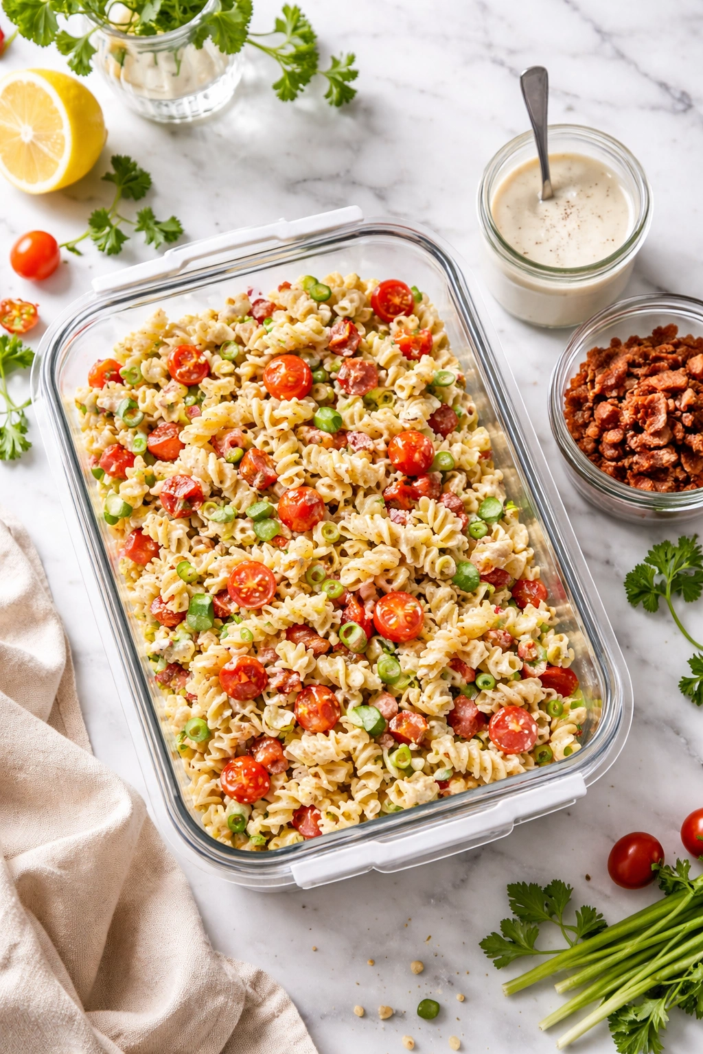 Airtight container sealed for make-ahead pasta salad preparation