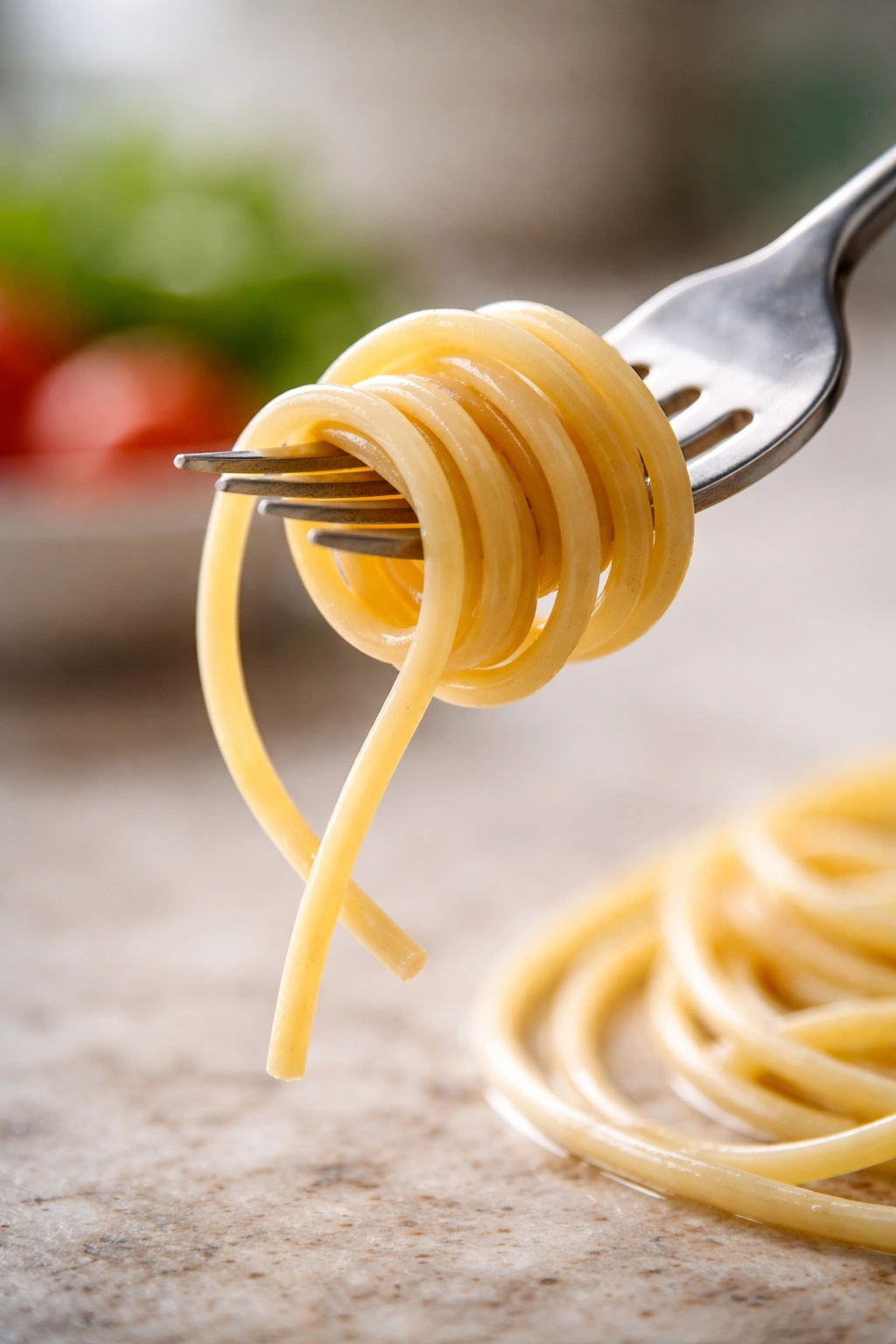 Macro shot of a single al dente pasta strand on a fork showing slight resistance