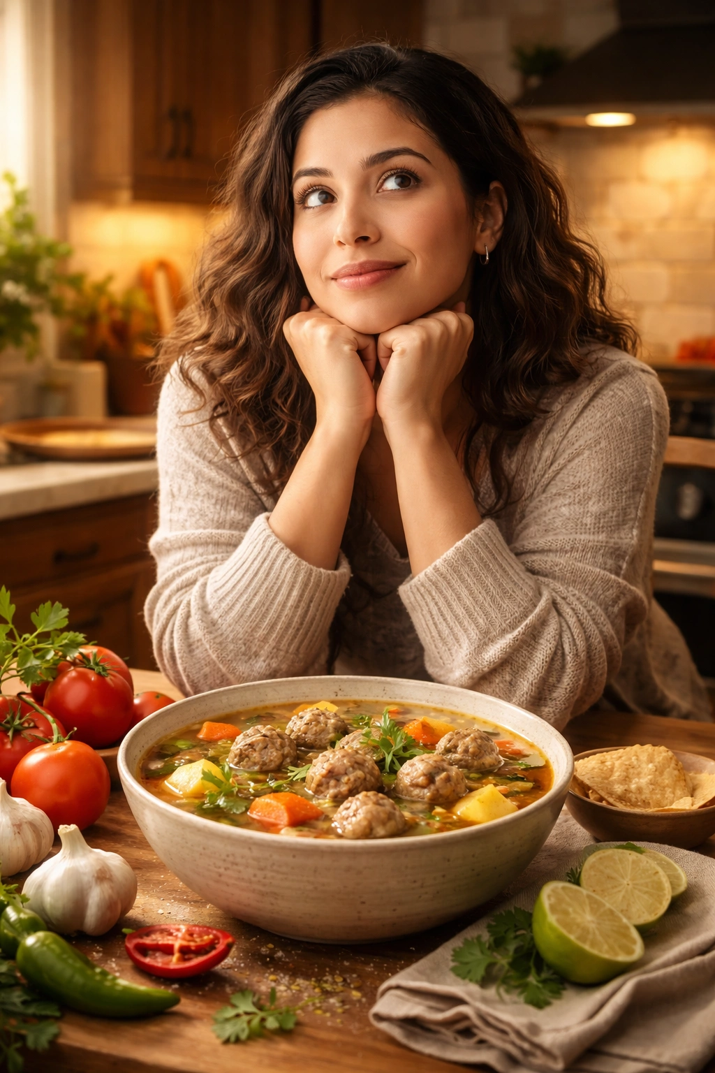 Person in a cozy kitchen contemplating albondigas questions