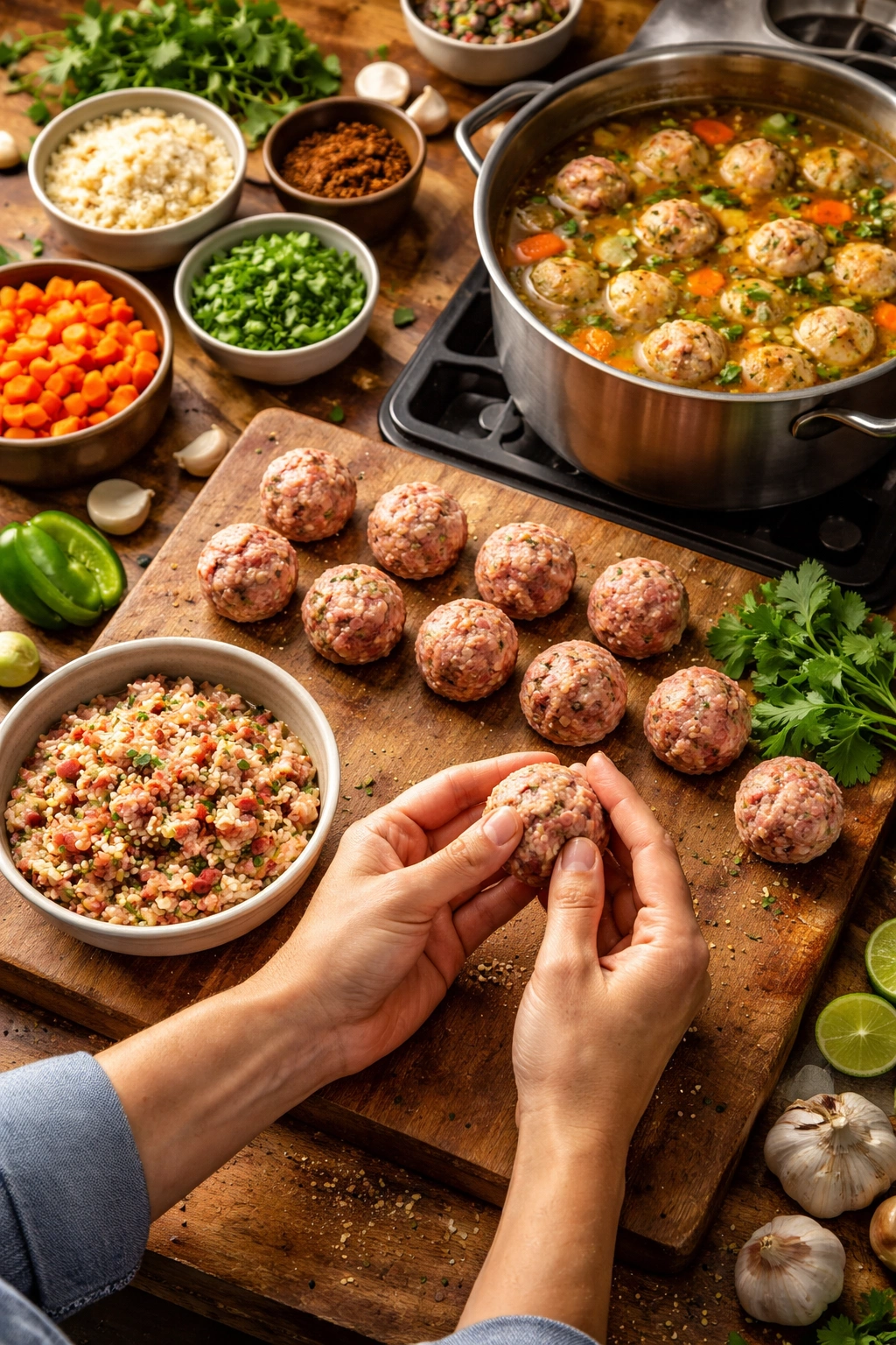Hands shaping beef and rice meatballs on wooden board for albondigas