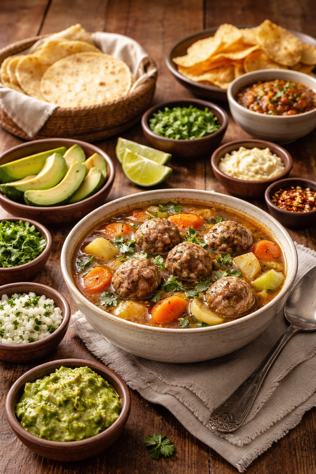 Steaming albondigas soup served with tortillas and lime