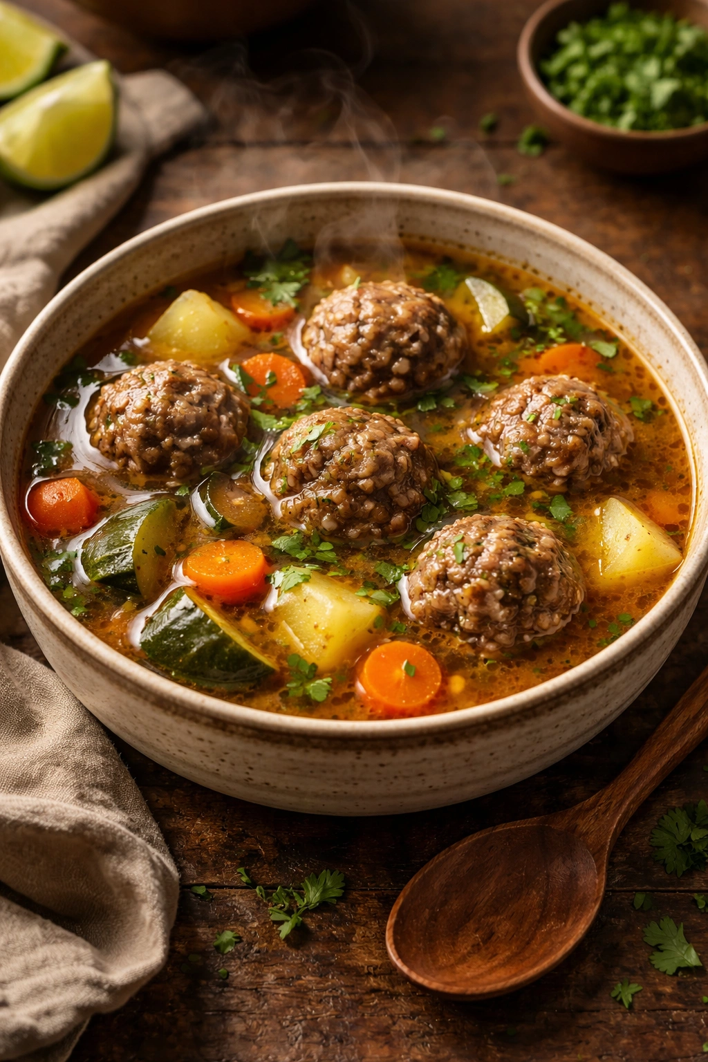 Close-up of a comforting albondigas soup bowl with meatballs, broth, and herbs
