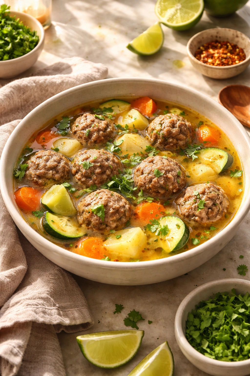 Steaming albondigas soup in sunlit kitchen with simple garnish