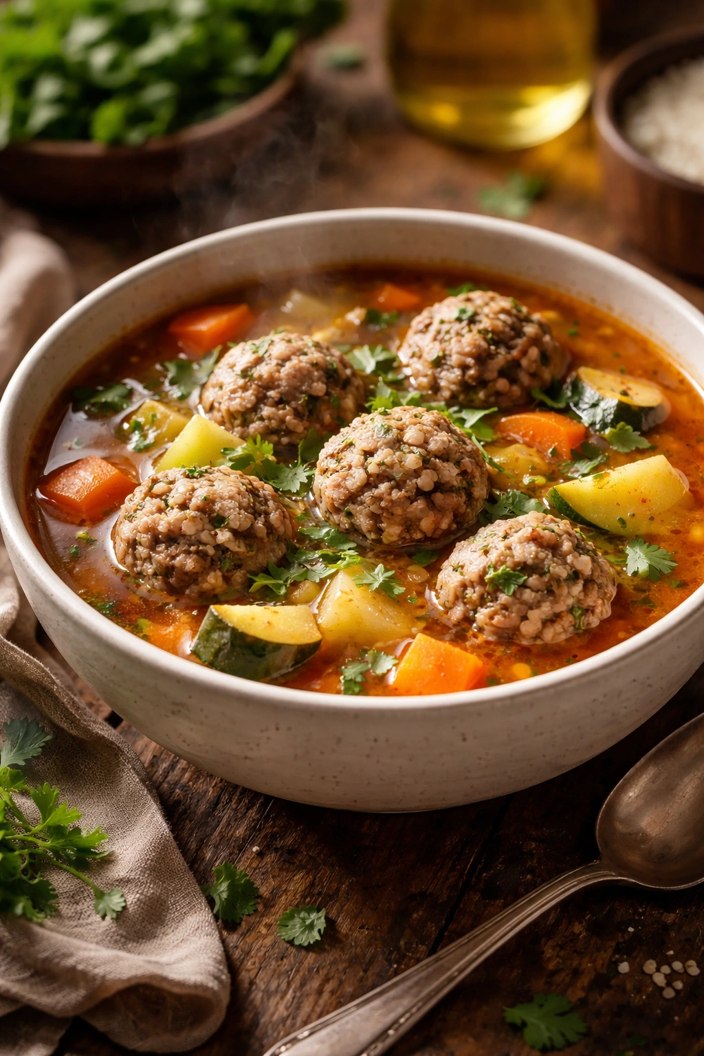 Close-up of Albondigas Soup with meatballs in tomato broth and vegetables on a wooden table