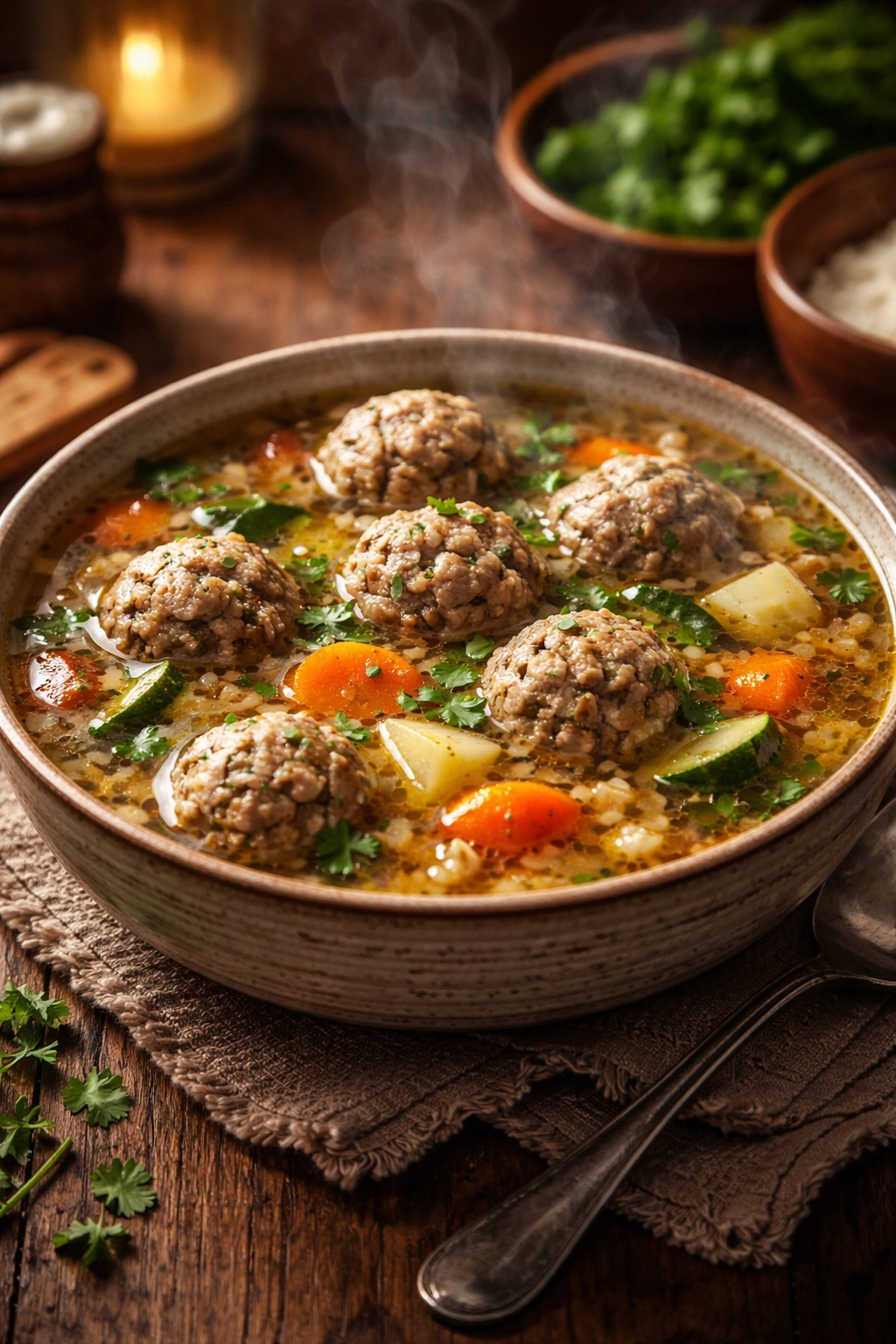 Steaming Albondigas Soup bowl with meatballs and vegetables in a warm kitchen.
