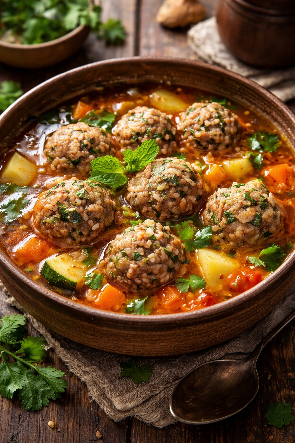 Close-up of Albondigas Soup with meatballs in tomato broth and mint garnish