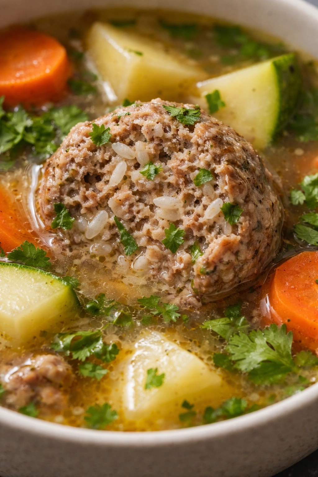Cross-section of albondigas meatball showing rice binder in broth