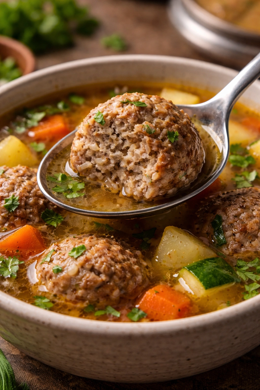 Tender albondigas meatball cross-section revealing moist interior and rice